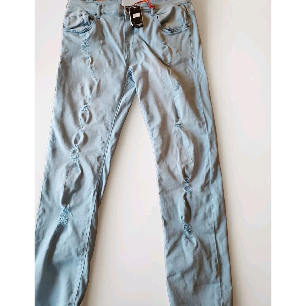 Spark Mens Size 38/32‎ NWT Distressed Cyan Blue Stretch Premium Jean Made In USA
